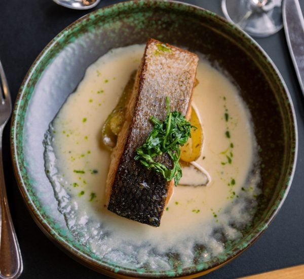 Gourmet locally sourced salmon dish as a main course during Mount Endagine Lodge's dinner service