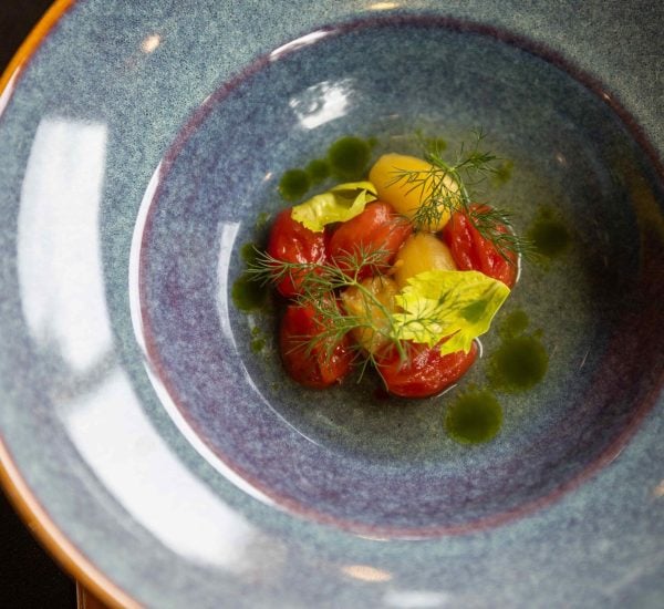 Tomato brodo appetizer course as part of Mount Engadine Lodge's all inclusive dinner